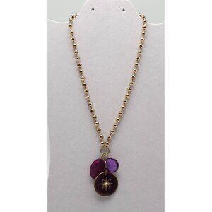Gold Tone Beaded Chain Necklace With Purple Glass Enamel Pendant Charms